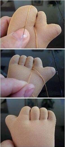 three pictures showing how to make a glove out of cloth and thread, including the fingers