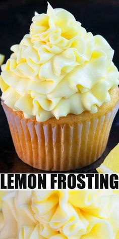 lemon frosting on top of a cupcake with the words lemon frosting above it