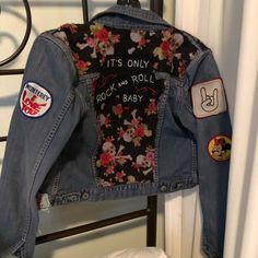 One Of A Kind. Denim Jacket! Amazing!!! Edgy Fitted Denim Biker Jacket, Spring Cotton Biker Jacket For Streetwear, Trendy Cotton Biker Jacket For Spring, Edgy Blue Denim Jacket With Pockets, Edgy Blue Spring Outerwear, Edgy Blue Outerwear For Spring, Spring Grunge Denim Jacket With Patches, Fitted Denim Grunge Outerwear, Grunge Denim Jacket With Patches For Fall