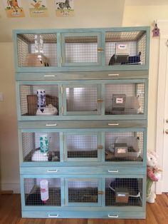 a large blue cabinet with many cages on it's sides and stuffed animals in them