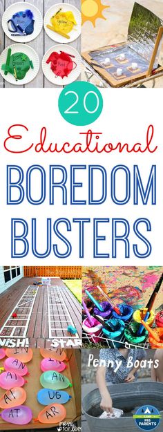 several different images with the words educational boredom busters written on them and pictures of children's toys