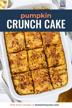 pumpkin crunch cake in a white baking dish with text overlay that reads, pumpkin crunch cake