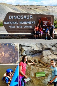 some people are posing for pictures in front of the dinosaur national monument and fossil bone quarry