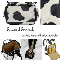 the bottom half of a cow print bag with zippers on it and two small purses inside