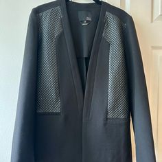 Black Blazer Size Medium With Faux Leather Detail On 3/4 Of The Front Of Jacket. Never Worn In Excellent Condition. Black Outerwear With Faux Front Pockets For Night Out, Winter Outerwear With Faux Front Pockets For Night Out, Winter Outerwear For Night Out With Faux Pockets, Black Leather Blazer For Night Out, Black Outerwear For Work With Faux Pockets, Leather Detail, Black Blazer, Blazer Suit, Suit Jacket