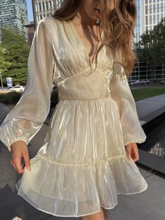 LICHI - Online fashion store :: Light ruffled chiffon mini dress Light Feminine, Chiffon Mini Dress, Puff Long Sleeves, Neck Bodycon Dress, Chiffon Ruffle, Draped Dress, Sheer Chiffon, Floral Print Shorts, Online Fashion Stores