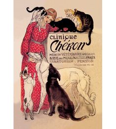 an advertisement for clinique cheron with two women and three dogs in front of them