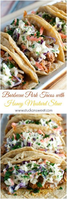 three different types of tacos with toppings on them and the words, barbeque pork tacos with honey mustard slaw