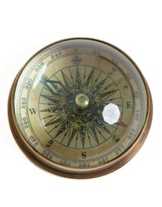 an old brass compass on a white background