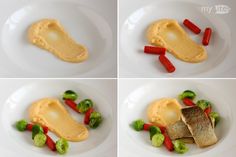 four pictures show different stages of food being made in the shape of fish and vegetables