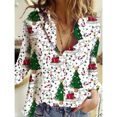 The "Merry & Bright Holiday Shirt" is your perfect companion for the festive season! 🎅 This vibrant holiday shirt, featuring classic Christmas elements like snowflakes, reindeer, and Christmas trees, is crafted from a soft polyester-cotton blend, providing comfort and style. Designed for women who love to celebrate the season in style, this shirt is ideal for casual gatherings, festive parties, or cozy nights by the fire. 🎁 With its easy button-down closure and relaxed fit, it suits a fast-pac Christmas Blouses, Casual Bridesmaid Dresses, Christmas Elegant, Two Pieces Set Outfits, Christmas Elements, Bandeau Tops, 1920s Flapper Dress, Set Outfits, Short Playsuit