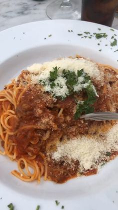 a white plate topped with spaghetti and sauce