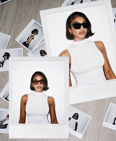 several polaroid photos of a woman in white dress and sunglasses on the floor with multiple pictures of her