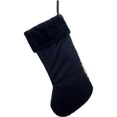 a black christmas stocking hanging from a string