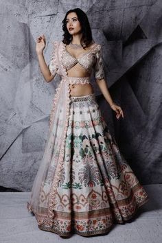 Shop for Archana Kochhar Ivory Floral Printed Raw Silk Lehenga Set for Women Online at Aza Fashions Archana Kochhar, Kurta Lehenga, Raw Silk Lehenga, Ivory Blouse, Embroidered Belt, Draped Blouse, Pink Lehenga, Lehenga Blouse, Silk Lehenga