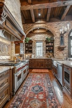 a large kitchen with wooden cabinets and an area rug on the floor in front of it