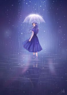 a woman in a blue dress holding an umbrella under the rain with stars on it