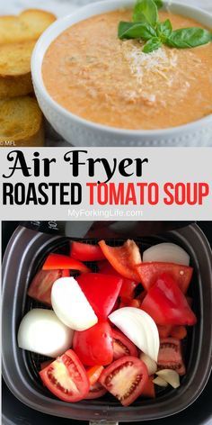 air fryer roasted tomato soup in a slow cooker with text overlay that reads, air fryer roasted tomato soup