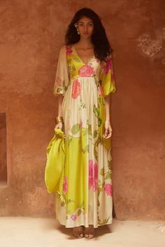 Lime yellow habutai padded maxi dress with pink florals, adorned with hand-highlighted flowers in the yoke. - Aza Fashions Paulmi And Harsh, V Neck Maxi Dress, Maxi Dress For Women, Maxi Dress Online, Floral Print Maxi Dress, Tiered Maxi Dress, Loose Shorts, Grey Cotton, Geometric Art