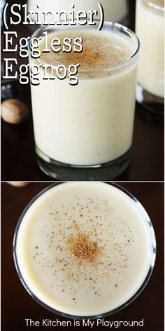 two glasses of eggless eggnog with cinnamon sprinkles in them