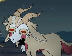 an animated goat with horns and red eyes standing in front of a building at night