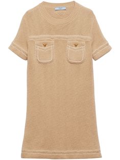 beige cotton knitted construction contrast stitching triangle logo crew neck pull-on style short sleeves chest patch pocket thigh-length straight hem Beige Mini Dress With Pockets, Cream Short Sleeve Mini Dress For Work, Prada Mini, Cotton Mini Dress, Yoko London, Triangle Logo, Knit Sweater Dress, Exclusive Fashion, Knit Cotton