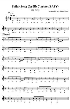 sheet music with the words sailor song for bb clarinet easy