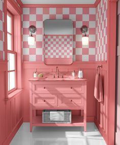 a bathroom with pink and white checkered walls