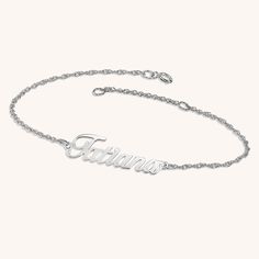 Tatiana's intricate script detailing make it a future keepsake that’s meant to be seen and worn daily. Elegant Engraved Sterling Silver Bracelet In White Gold, Elegant Nameplate Chain Bracelet With Custom Name, Elegant White Gold Name Bracelet As Personalized Gift, Elegant White Gold Name Bracelet For Personalized Gift, Elegant Custom Name Chain Bracelet, Elegant Silver Jewelry With Engraving Option, Elegant Engraved Chain Bracelet For Wedding, Personalized Engraved Name Bracelet, Sterling Silver Name Bracelet Jewelry