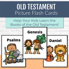 three different bible cards with the words, jesus's story and an image of two children