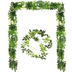 an arrangement of green leaves and flowers arranged in a square frame on a white background