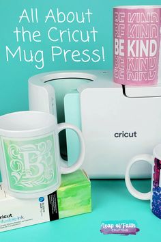 coffee mugs and other items are sitting on a table with the words, all about the cricut mug press