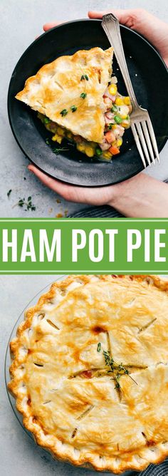 a person holding a plate with a pie on it and the words ham pot pie