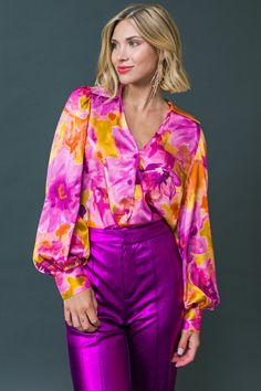 Magenta Top, Bright Spring, Stunning Outfits, Pink Floral Dress, Boho Tunics, Vintage Inspired Design, Long Puff Sleeves, Woven Top, V Neckline