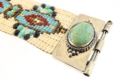 Chili Rose Beadz Bracelet by Adonnah Langer of Santa Fe, New Mexico FREE SHIPPING!-Delivery in 2 weeks or Less! Following a woven bead tradition which goes back hundreds of years Adonnah Langer has been designing distinctive wearable art for over two decades. This rich bracelet illustrates the influence of Native American rug patterns in her design. Stripes of Czech fire polished beads and the finest quality Japanese seed beads are highlighted through a rust diamond pattern in a green background Traditional Turquoise Handwoven Jewelry, Artisan Handwoven Rectangular Jewelry, Traditional Handwoven Rectangular Jewelry, Traditional Handwoven Jewelry, Rich Bracelet, Chili Rose, Native American Rug, Native American Rugs, Rug Patterns