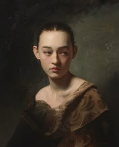 a painting of a woman in a brown dress with her head turned to the side