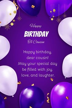 a purple birthday card with balloons and confetti