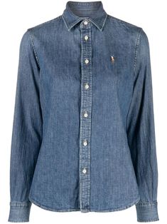 dark blue/denim cotton embroidered logo classic collar front button fastening long sleeves Ralph Lauren Denim Shirt, Fitted Denim Shirt, Embroidered Denim Shirt, Straight Fit Denim, Polo Ralph Lauren Women, Ralph Lauren Logo, Ralph Lauren Denim, Dark Blue Denim, Ralph Lauren Outfits