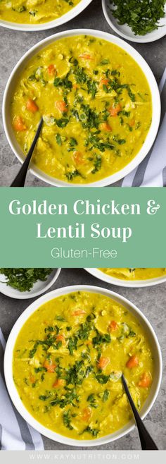 three bowls filled with chicken and lentil soup