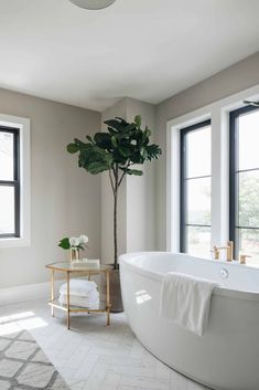 a large white bathtub sitting next to two windows in a bathroom with a potted plant