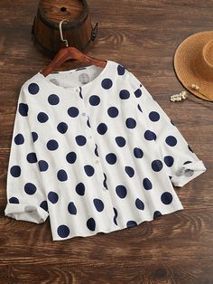 White O-neck Polka Dot Buttons Casual Long Sleeves Blouse Spring Polka Dot Tops With Buttons, Casual Polka Dot Tops With Buttons, Casual Polka Dot Blouse With Buttons, Long Sleeve Polka Dot Blouse For Summer, Summer Polka Dot Crew Neck Top, Summer Polka Dot Blouse With Buttons, Polka Dot Blouse With Buttons For Summer, Summer Polka Dot Pattern Blouse With Buttons, White Long Sleeves