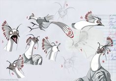 an artistic drawing of birds flying in the air with their beaks open and wings spread out