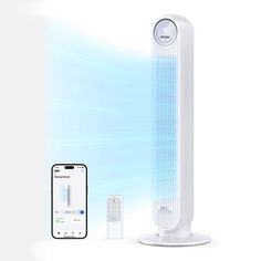 an air purificater and remote control on a white background with blue light