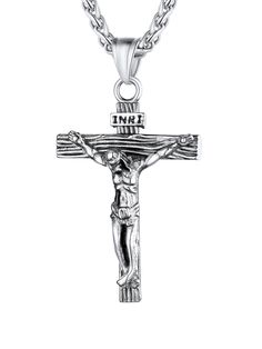 PRICES MAY VARY. Material: Stainless steel. Durable and hypoallergenic. Nickel free.:Yes Pendant: 2 inches,Free Chain: 20+2 inches/resizable. 316L Stamp on clasp. You can also put other chain with the pendant, the pendant loop can bear a chain 6mm wide. Black Enamel Classic Vintage Jesus Christ Crucifix cross pendant. 6 Color Options for your preference: Silver/ black/ gold/rose gold/ blue/stainless steel. Warranty: 90-Day Money Back guarantee or Exchange. Come with U7 design gift box.Choose Ful Baptism Christian, Jesus Necklace, Stainless Steel Cross Pendant, Crucifix Necklace, Twisted Metal, Mother Christmas Gifts, Bangles Making, Leather Corded Necklace, Christian Jewelry