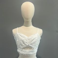 White Halter Top With Scalloped Trim, Peek A Boo Cutouts, Size Large, Adjustable Straps,Brand New, Never Worn, No Tag Fitted Hollow Out Top For Vacation, Casual Fitted Hollow Out Crochet Top, Fitted Crochet Top With Hollow Out Details, Casual Fitted Crochet Top With Hollow Out Detail, Fitted Casual Crochet Top With Hollow Out, Chic Hollow Out Crop Top For Spring, Casual Hollow Out Crop Top For Spring, White Sleeveless Top With Eyelet Details, Chic Lace Tops With Eyelet Details