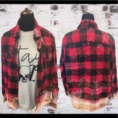 Nwt! Fabulous Boutique Red & Black Bleach Soft Flannel. These Are Each Unique And Wonderful! These Soft Flannel Fabric Shirts Feature Button Up Front & Pockets. Each On Is Unique. Red Flannel Top For Fall, Fitted Red Flannel Shirt For Fall, Black Plaid Outfit, Bleach Dye Shirts, Bleached Flannel Shirt, Bleached Flannel, Winter Outfits Aesthetic, Buffalo Plaid Flannel, Fall Flannel