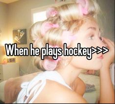 a girl with pink bows in her hair and text that reads, when he plays hockey