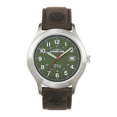 This watch is the perfect companion for the tough and rugged outdoorsman who enjoys accurate timing, no matter where his journey takes him. Brand: TimexDial Color: GreenStrap: Brown leatherMovement: QuartzWater Resistance: 50mCase Width: 39mmCase Thickness: 9mmModel No.: T400519JSpecial Features: Date display Jewelry photos are enlarged to show detail. Rugged Outdoorsman, Timex Expedition, Brown Leather Strap Watch, Jewelry Photos, Display Jewelry, Leather Strap Watch, Brown Leather Strap, Jewellery Display, Photo Jewelry