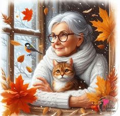 an older woman holding a cat in front of a window with autumn leaves on the windowsill