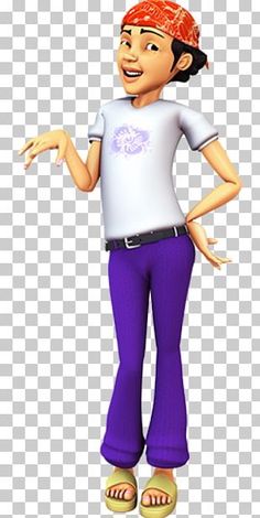 a cartoon character with purple pants and a white shirt